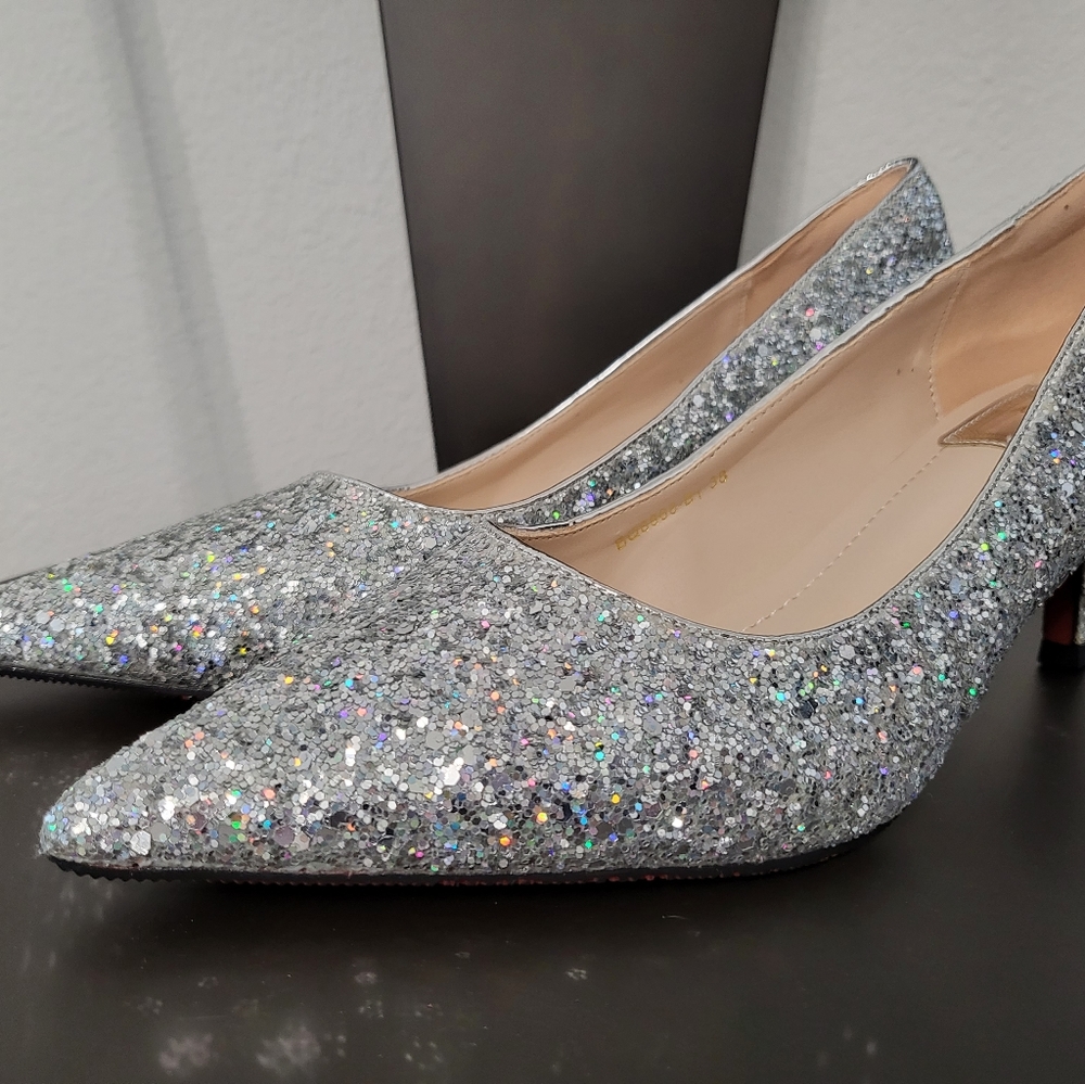 Silver sparkly pointy heels